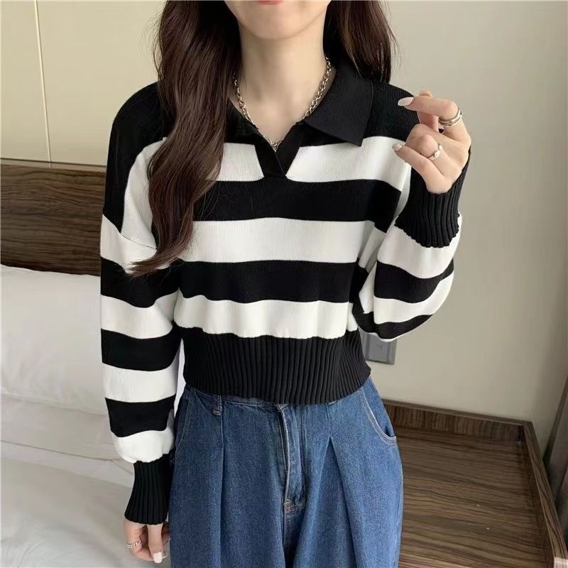 Áo Sweater Dệt Kim Tay Dài Cổ Polo Kẻ Sọc Xinh Xắn Cho Nữ