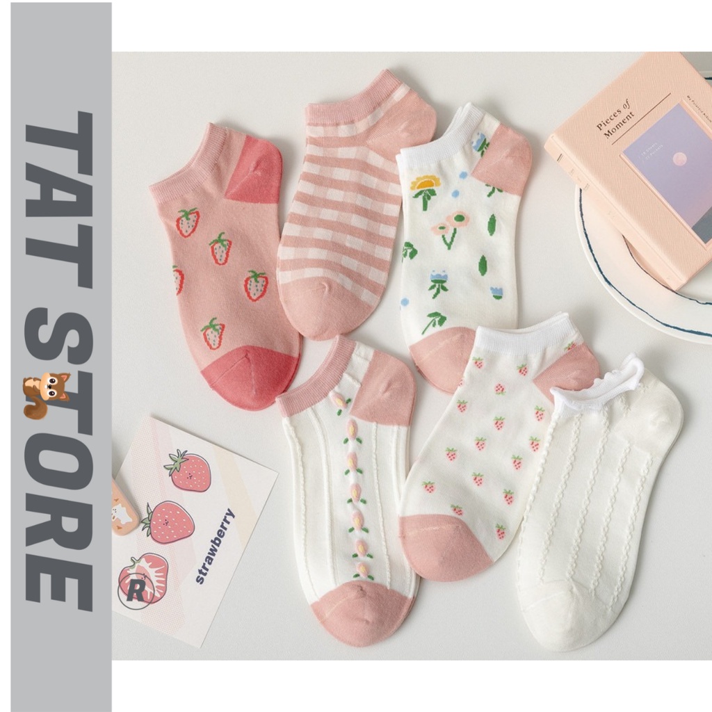 Tất nữ cổ ngắn thấp cute màu hồng Hàn Quốc dễ thương cotton họa tiết hoa TẤT STORE 2CNF18