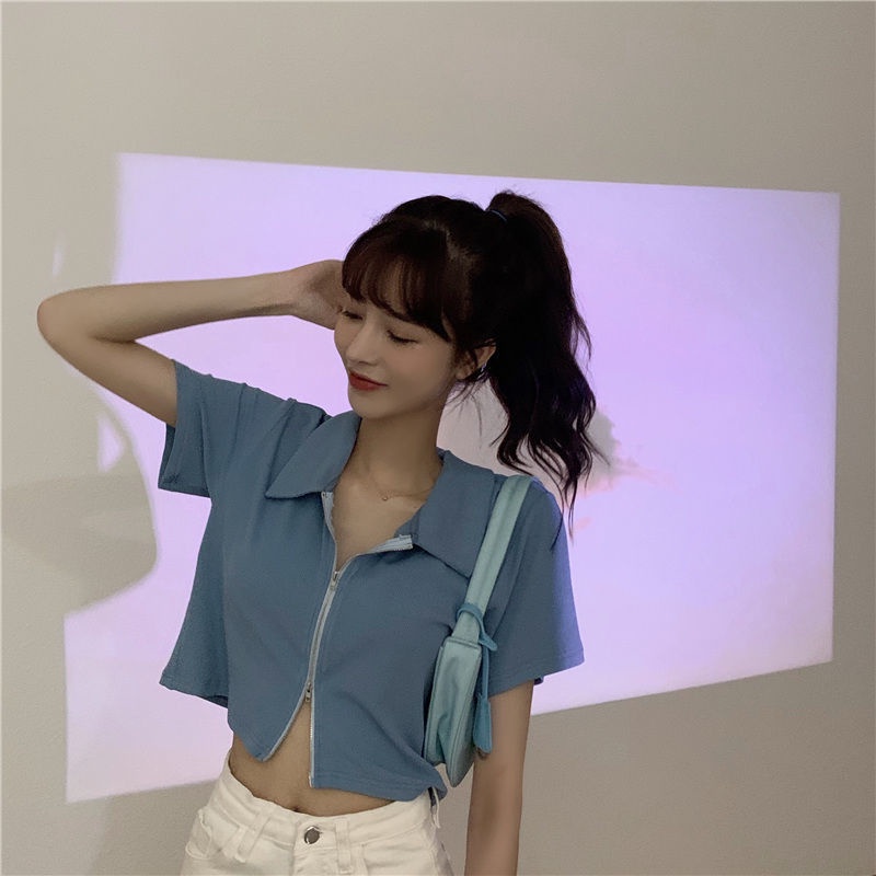 Áo Thun COZOK Croptop Ngắn Tay Dáng Ôm Phối Khóa Kéo Cá Tính Cho Nữ