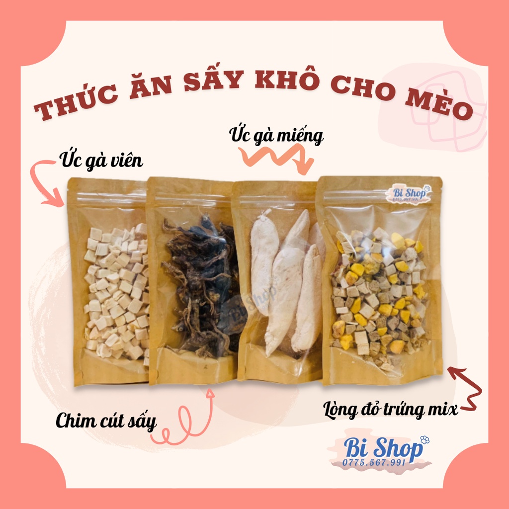 Thức ăn đông khô cho mèo - Ức gà chim cút lòng đỏ trứng sấy gói 100gr