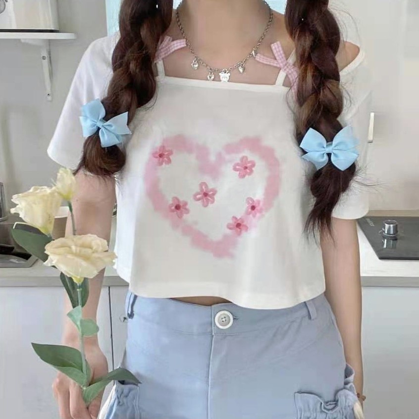 [X&L] Áo thun nơ mùa hè mới   áo thun tay ngắn in thời trang   áo thun nữ cổ ngắn   Áo Croptop