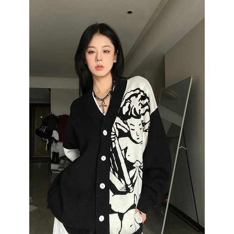 Honypove Áo Khoác Cardigan Màu Trắng Đen Phong Cách Retro Cho Nữ