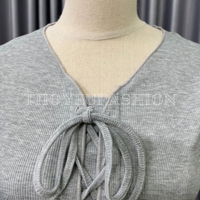 Áo croptop cộc tay viền lượn sóng cổ v đan dây trước ngực siêu xinh phong cách ulzang Hàn Quốc