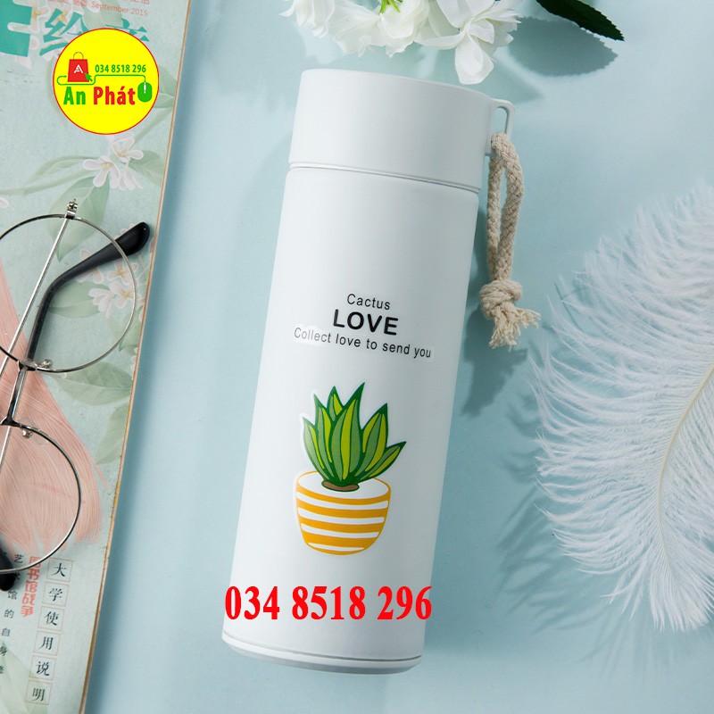 Bình Thủy Tinh Bọc Nhựa 400ml  FREESHIP  Bình Giữ Nhiệt Love Cactus  In Hình Xương Rồng