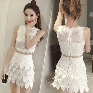 Set ren áo crop top và chân váy bó - kèm ảnh thật