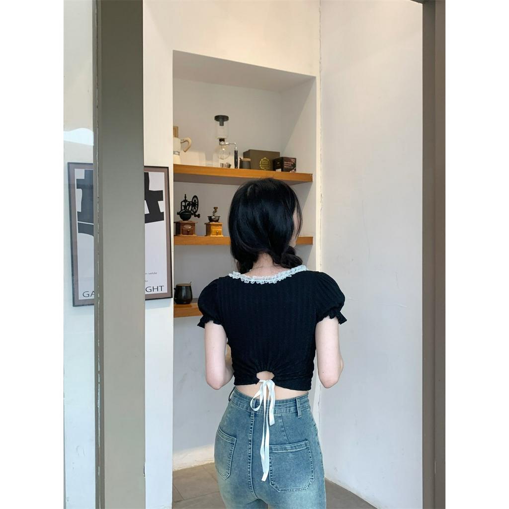 Áo Croptop Tay Phồng Ngắn Cổ Vuông Phối Ren Form Ôm Thời Trang Mùa Hè Cho Nữ
