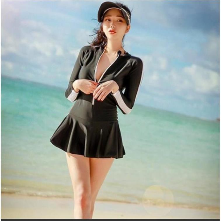 Đồ Bơi Dài Tay Chống Nắng Che Bụng Bikini Áo Tắm Liền Váy 1 Mảnh Phối Tay Viền Trắng Bản To Hàn Quốc Cực Đẹp LM014  ྇