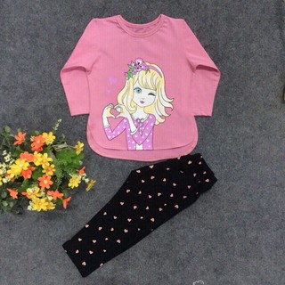 Bộ thun cotton dài tay bé gái, in hình cô gái, Size 1-8 tuổi (8-22kg)