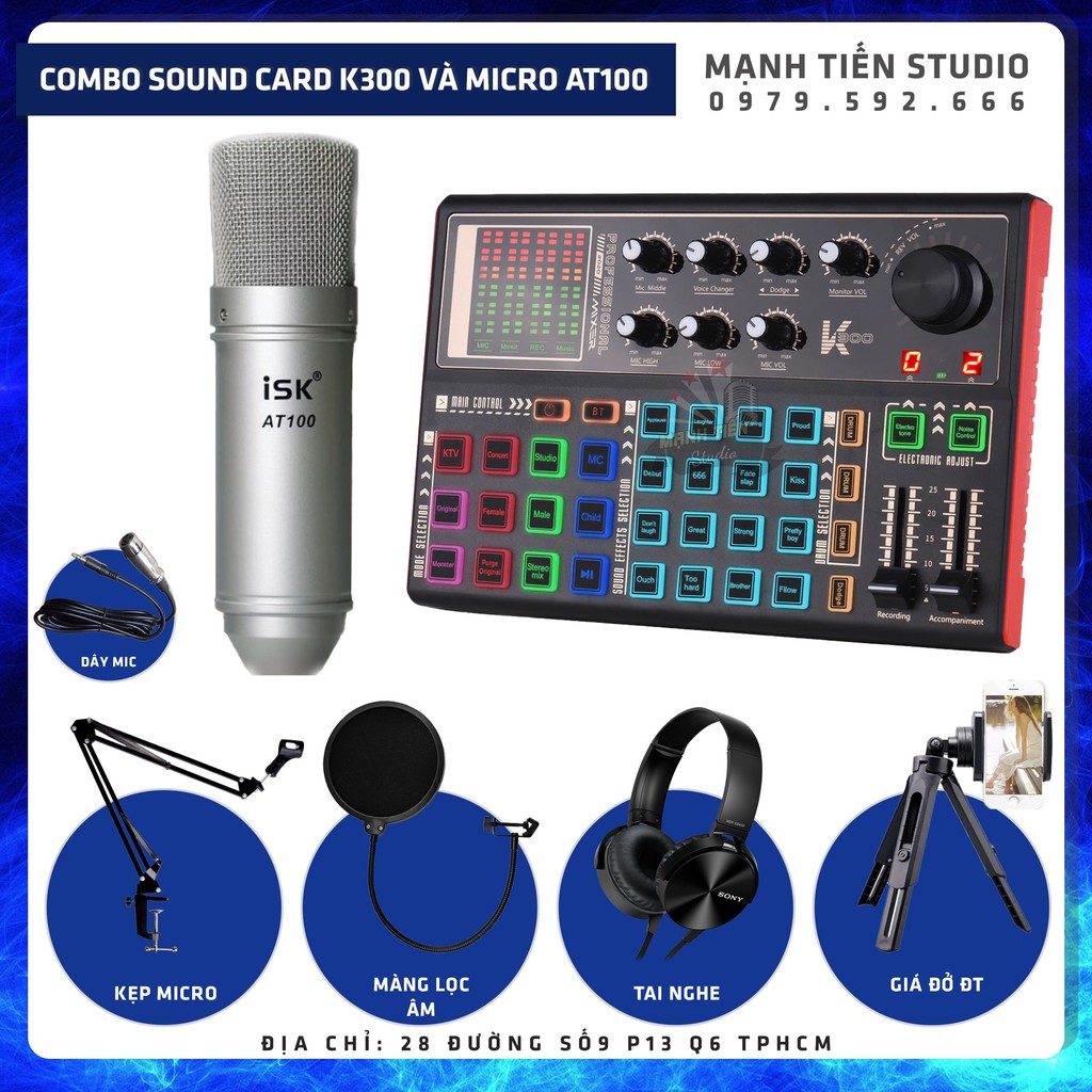 Trọn bộ combo micro Hoa Vinh AT100 loại 1+ sound card K3000+full phụ kiện livestream karaoke thu âm chuẩn bh 12th xịn sò