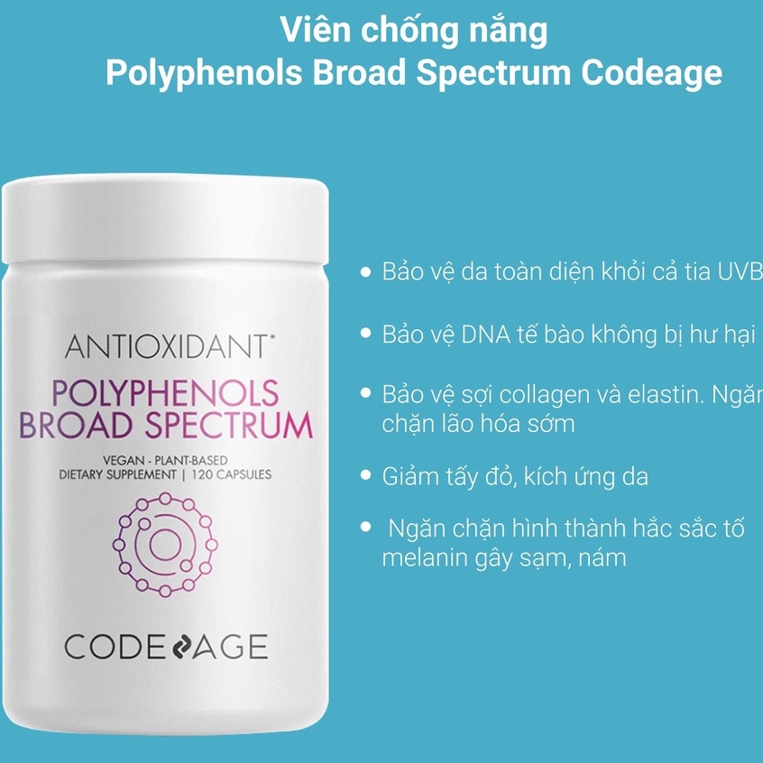 Viên chống nắng sáng da CodeAge Polyphenols Broad Spectrum 120 viên - Hẻm Cosmetic