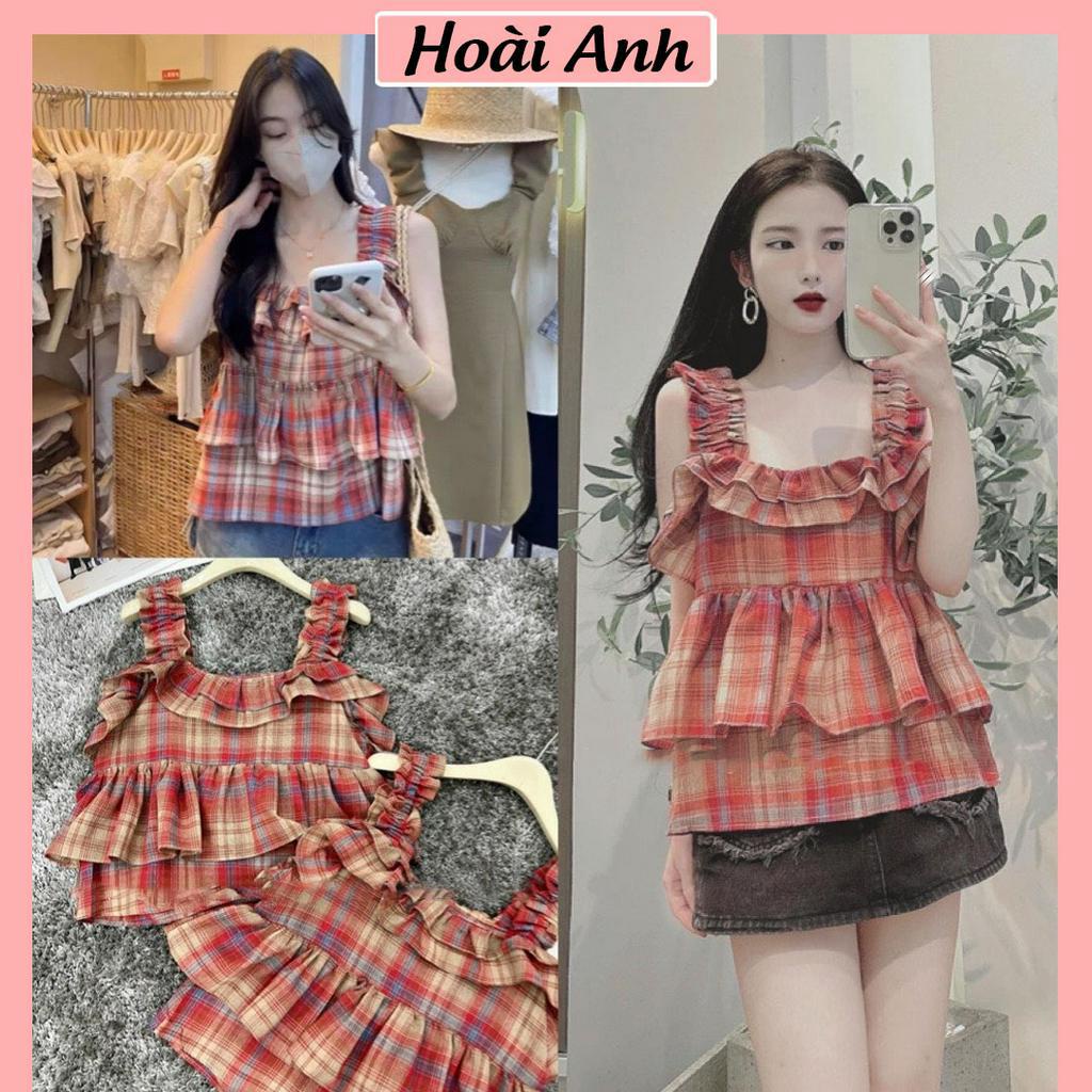 Áo Kẻ Caro Đỏ 2 Dây Bản To Bèo Tầng Áo 2s Viền Bèo Ngực Freesize