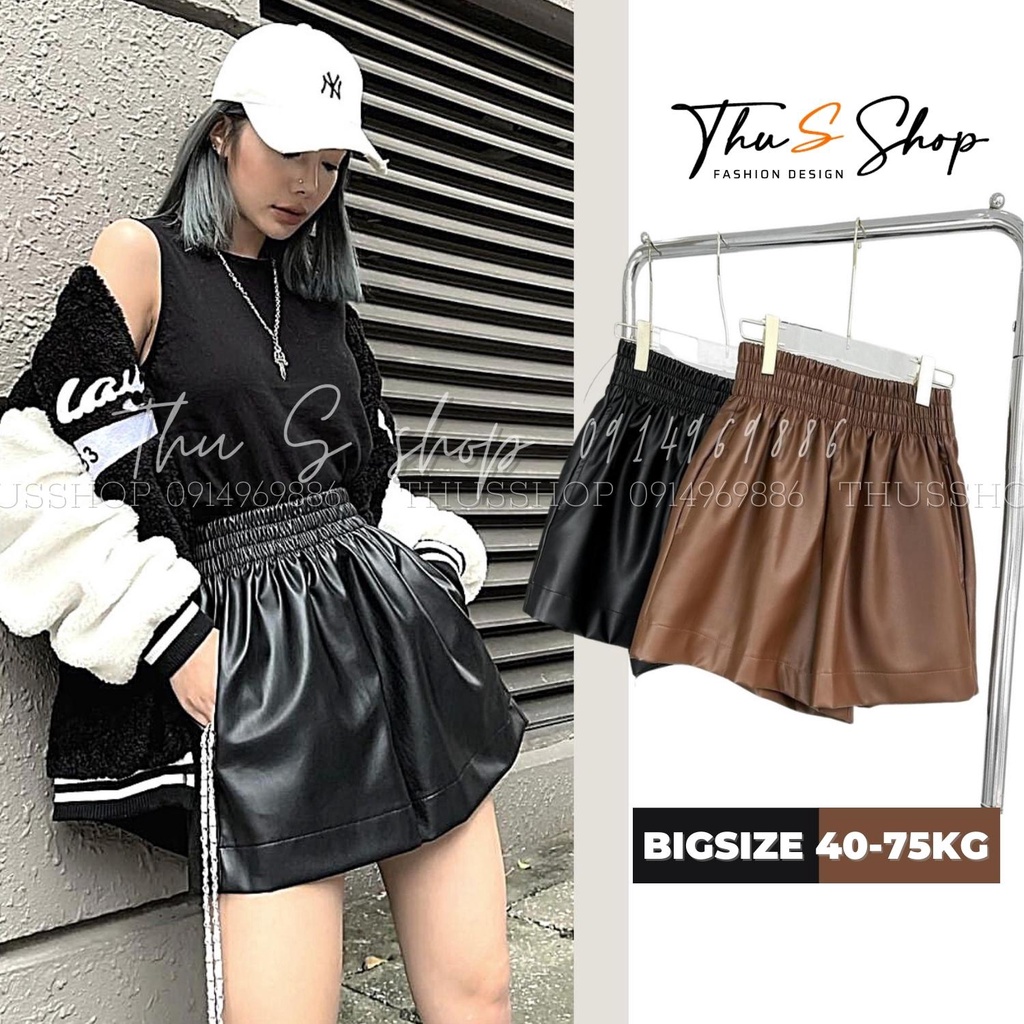 Quần Short Da Dáng Váy Cap Thun THUS, Sooc Đùi Da Form Rộng Lưng Cao Hàng Đẹp THUS2114