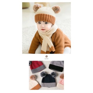 Set mũ len 2 quả bông kèm khăn cho bé