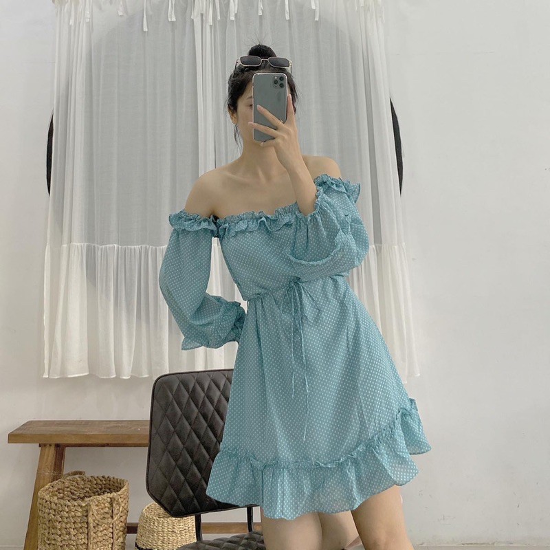 Đầm trễ vai voan bi xanh