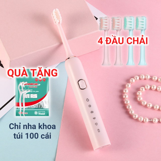 Bàn chải đánh răng điện sonic đổi trả 1 tháng kèm quà tặng 5 chế độ 4 đầu chải chống nước sợi dupont kháng khuẩn 518A