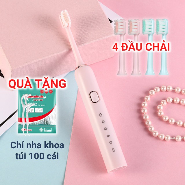 Bàn chải đánh răng điện sonic đổi trả 1 tháng kèm quà tặng 5 chế độ 4 đầu chải chống nước sợi dupont kháng khuẩn 518A