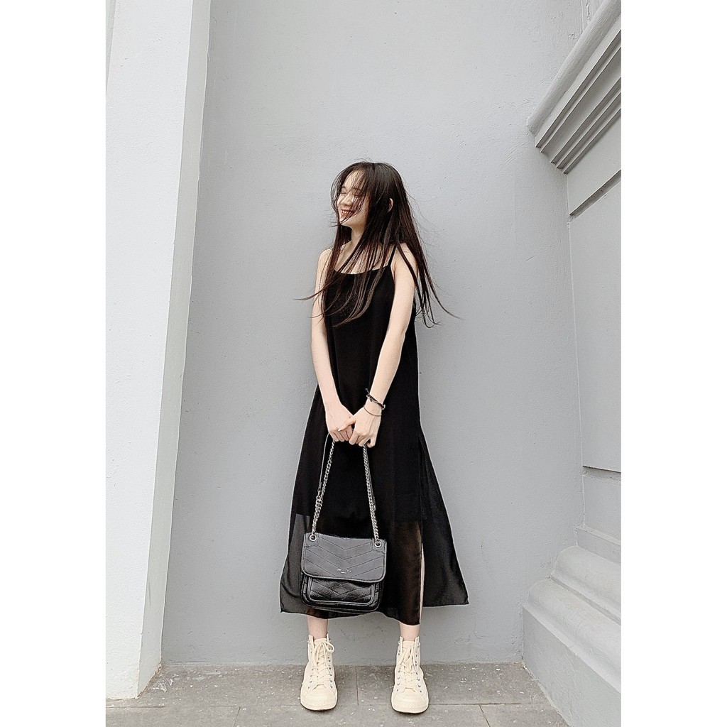 VÁY HAI DÂY MAXI VOAN DÀI HOT - ĐẦM SUÔNG 2 LỚP MÀU TRẮNG ĐEN
