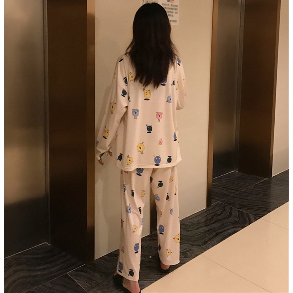 đồ bộ nữ Dài tay mặc nhà form rộng , Bộ Pyjama Nữ Tay Dài Áo Thun + Quần Dài Nikendo CO6