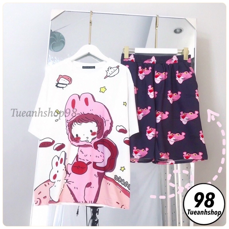 Đồ Bộ Hoạt Hình Set Cartoon Đùi THỎ TRẮNG ĐEN mặc nhà from rộng Unisex Freesize 38-70kg Nam nữ