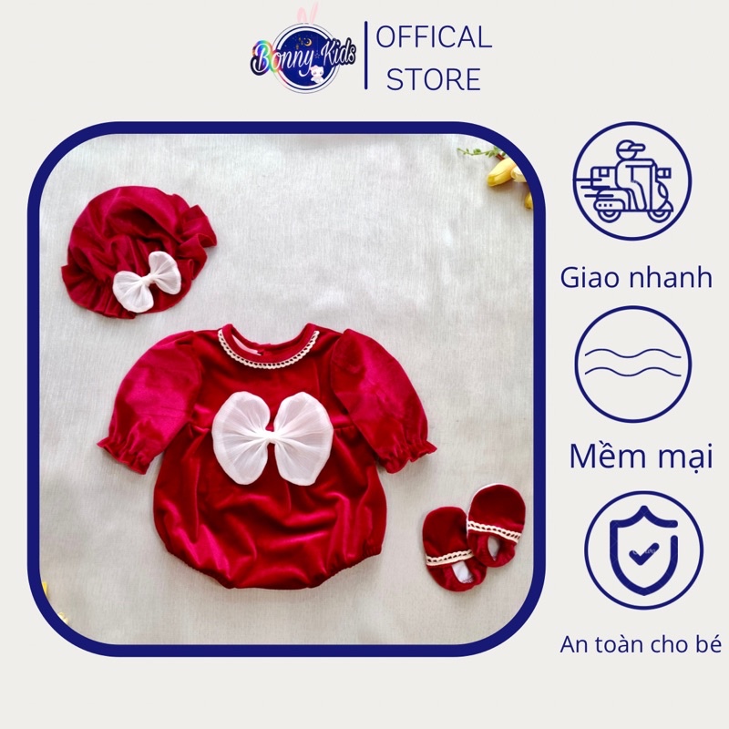 Bodysuit Nhung Đỏ Nơ Trắng Mẫu Mới Cho Bé Gái 0-12 Tháng Kèm Mũ &amp; Tất, Váy Sơ Sinh, Đầm Đầy Tháng.