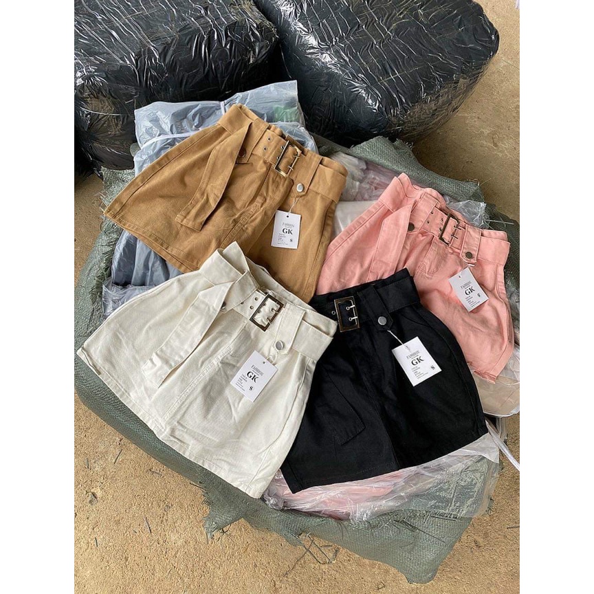 Chân váy bò kèm đai có quần trong , Quần giả váy jean kaki kèm đai siêu hot hit 4 màu trắng đen hồng nâu be