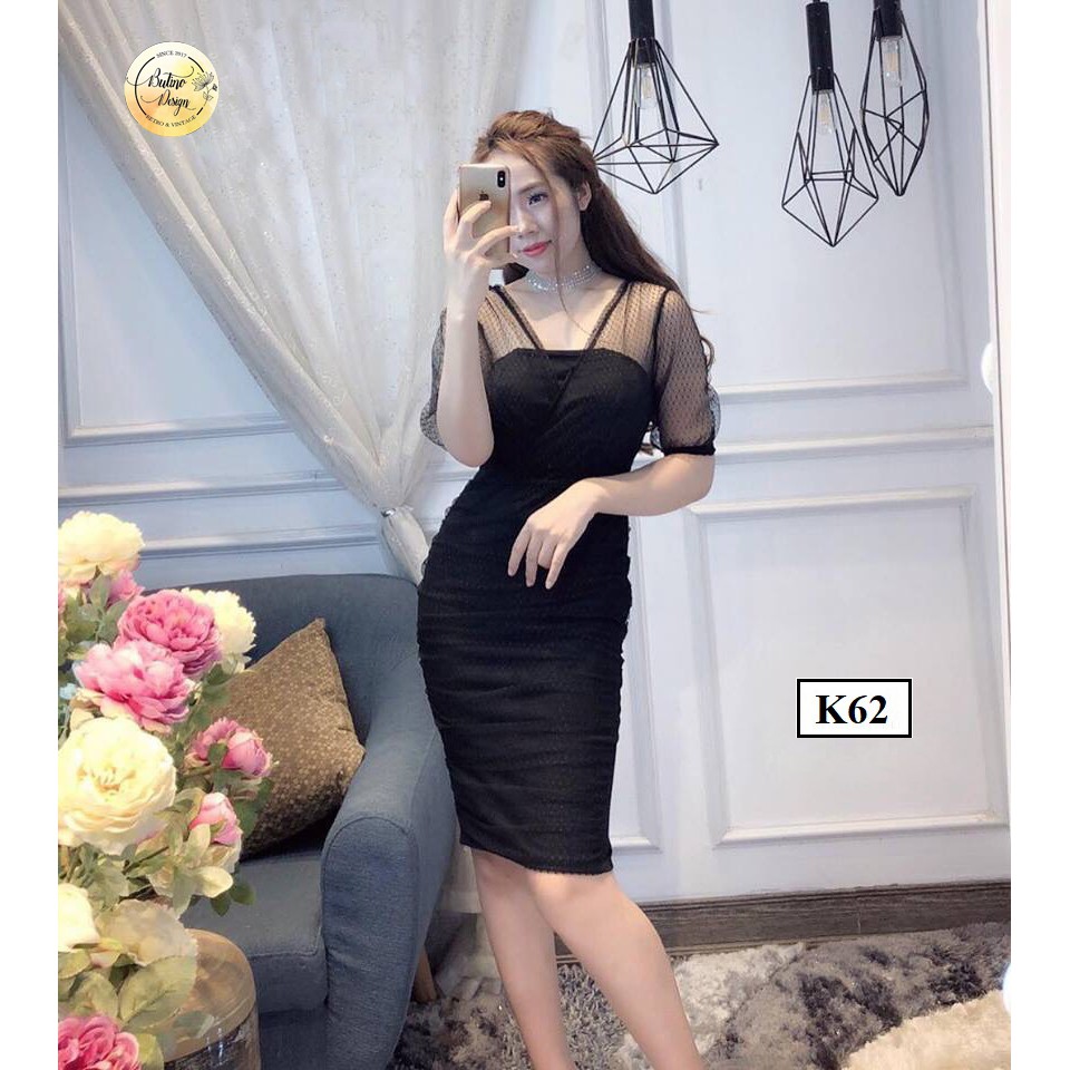 Váy đầm body K62 Đen phối ren 2 lớp BUTINO SHOP - 2 màu