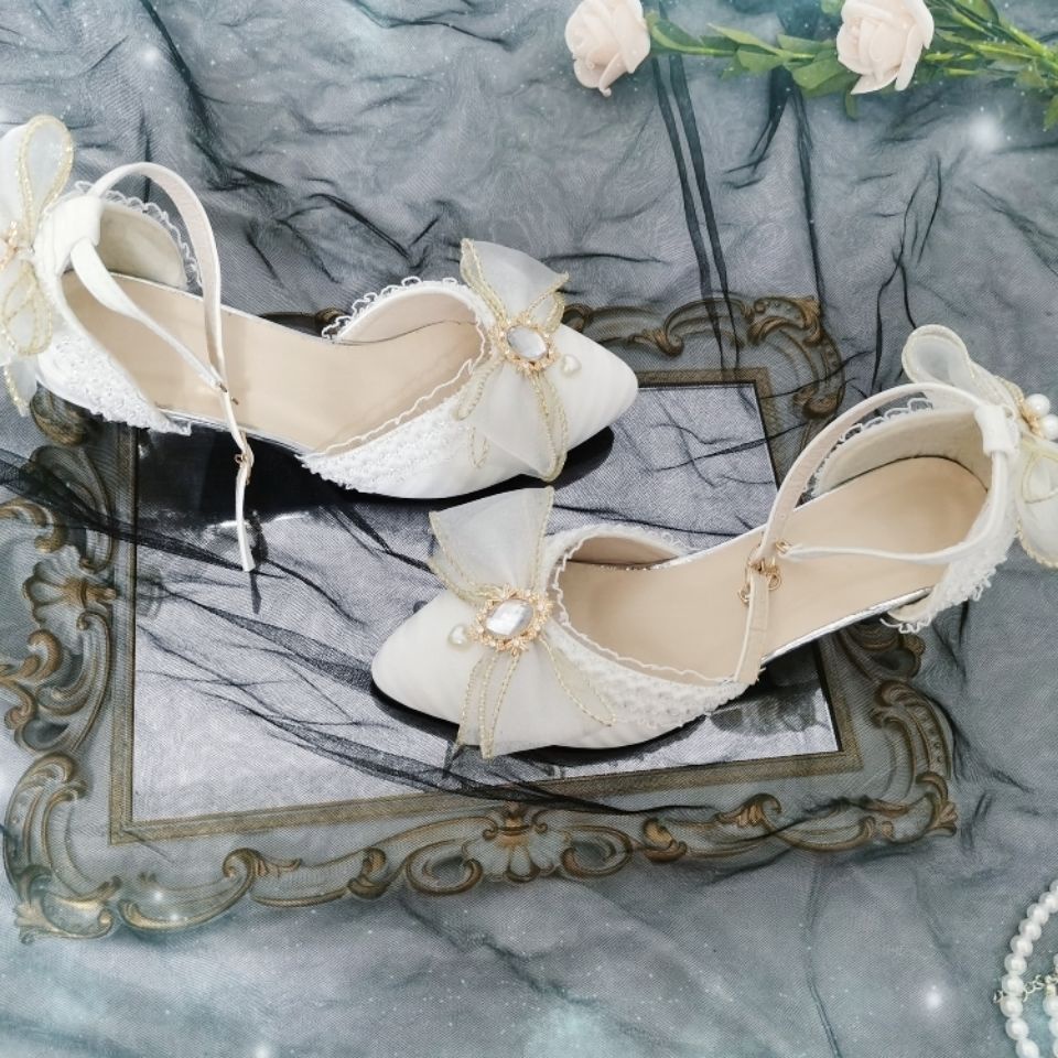 lolita Disney Princess の tiệc trà tòa án màu trắng tinh khôi tuyệt đẹp ngọt ngào cổ tích gió hoa cưới giày cao gót