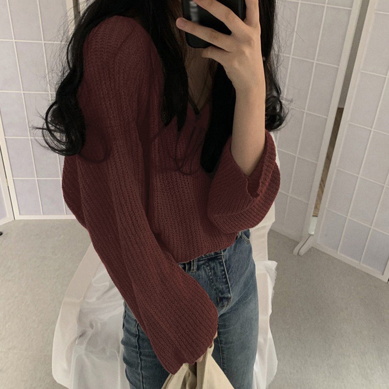 Áo sweater kiểu mỏng tay dài dáng rộng phong cách Hàn Quốc xinh xắn cho nữ
