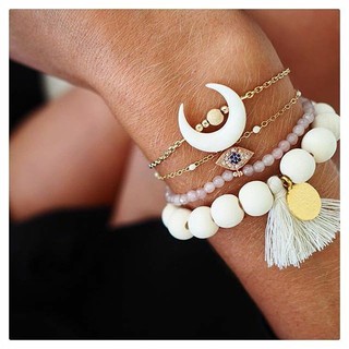 XUYU 4pcs woman Boho Simple Hollow moon pink white beads eyes Pattern hand Beaded Bangle Bracelet Set