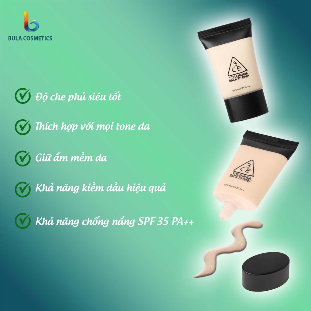 Kem Nền 3CE Back To Baby BB CREAM, Kiềm Dầu Dưỡng Ẩm Chống Nắng (SPF35 PA++)