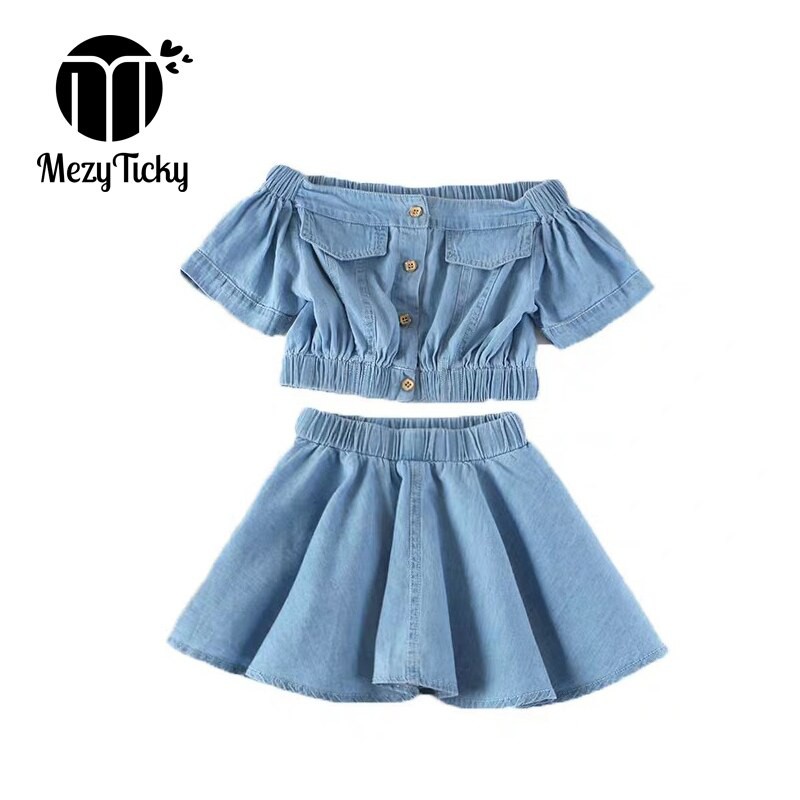 MezyTicky Summer Girl Denim Clothing Sets Toddler Fashion High Waist Pleated Dress Clothes Children Strapless Sleeve Tops Short Dress