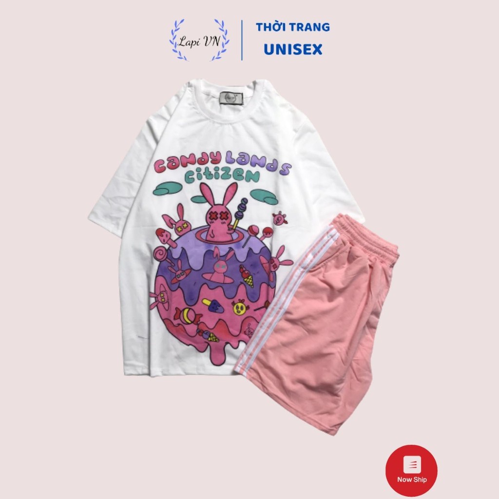 Đồ Bộ Hoạt Hình Unisex Vương Quốc Candy Quần Đùi 3 Line – Lapi VN, Set Cartoon, Freesize, Nam Nữ Đều Mặc Được