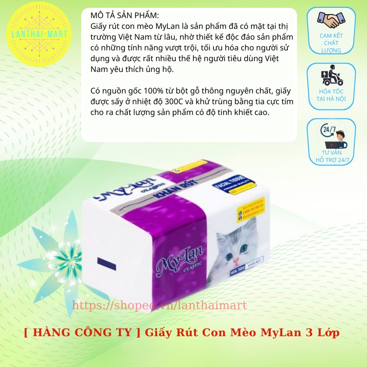 Giấy Rút Con Mèo MyLan 3 Lớp (465 Tờ/Gói, 8 Gói/Xách)