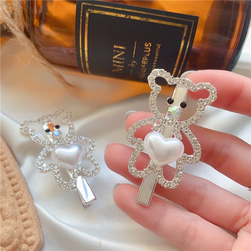 Kẹp Tóc Hình Gấu Đính Ngọc Trai Lấp Lánh Dễ Thương