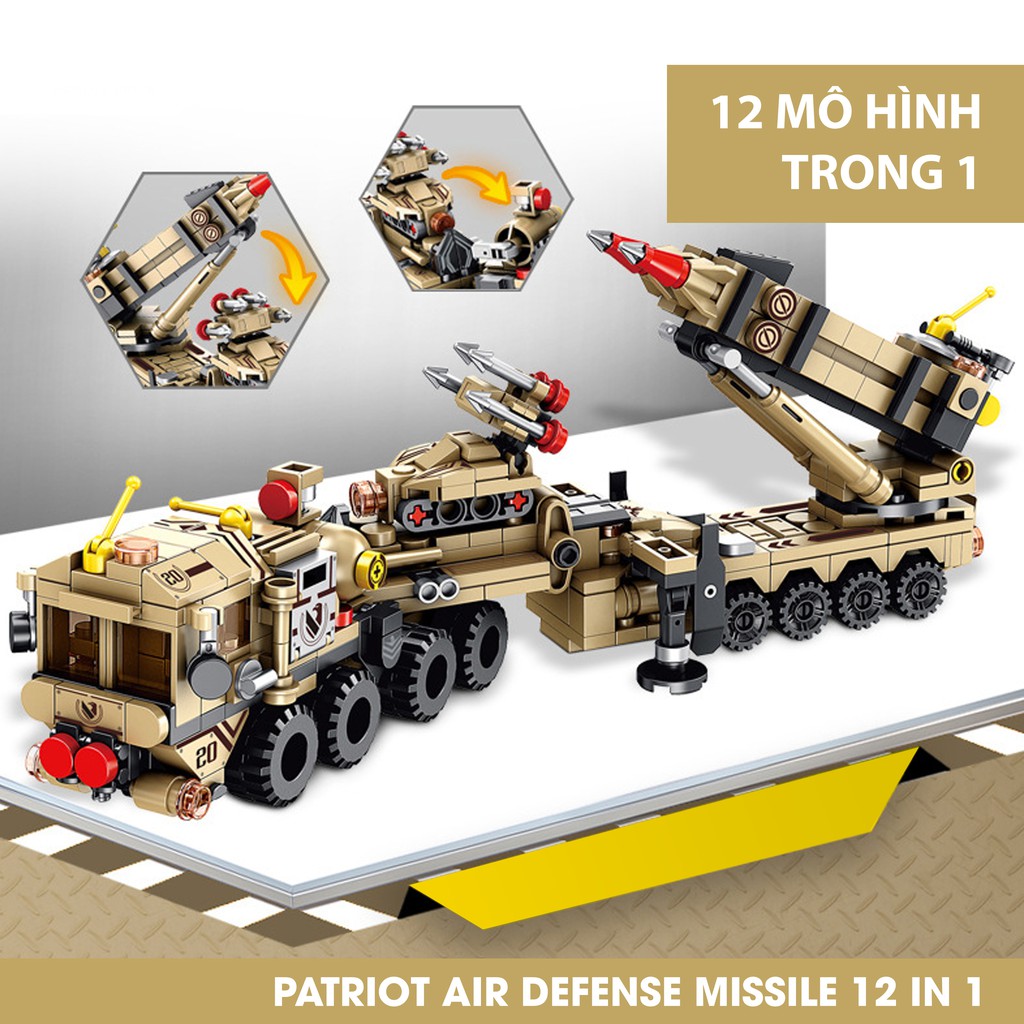 Bộ lắp ghép kiểu LEGO 12 in 1 mô hình PATRIOT Air Defense Missile, bộ ghép hình cho trẻ phát triển tính sáng tạo