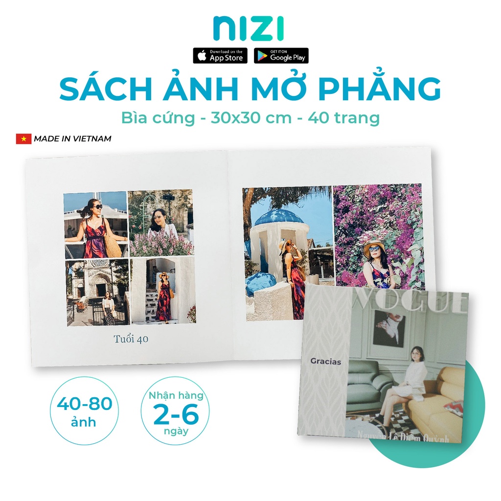 In sách ảnh theo yêu cầu bìa cứng 40 trang 30 x 30cm - In mở phẳng 4K siêu nét trên app NIZI