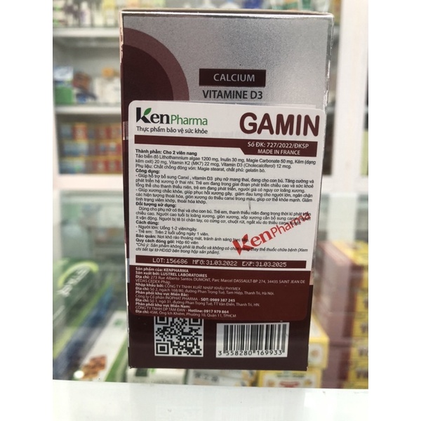 Canxi Gamin xuất xứ từ Pháp-canxi nano kết hợp vitamin D3 và K2 lọ 60 viên