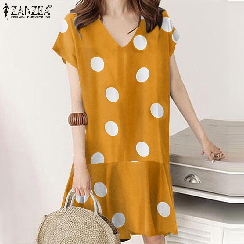 Đầm mini ZANZEA tay ngắn họa tiết chấm bi nhún bèo vintage phong cách thường ngày dành cho nữ