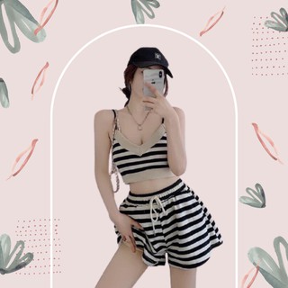 Bộ Áo Croptop 3 Lỗ Quần Short Kẻ - Set Áo Crt Kèm Quần Đùi Ống Rộng Chất Cotton - Bộ đồ cá năng động trẻ trung
