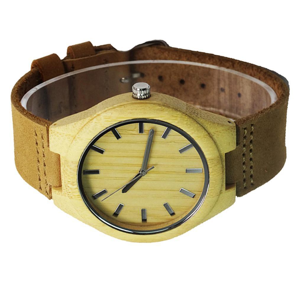 Wristwatch Male Handmade Wooden Quartz Watch Leather Strap Bamboo Wood