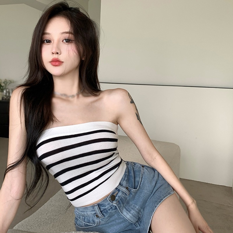 Áo Lửng Hai Dây Hở Lưng Họa Tiết Kẻ Sọc Thời Trang Gợi Cảm Cho Nữ