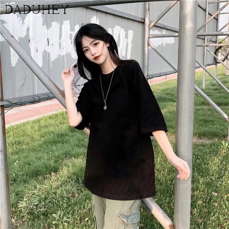 Daduhey Áo thun tay lỡ cổ tròn dáng rộng màu trơn phong cách thời trang Hàn cho nữ