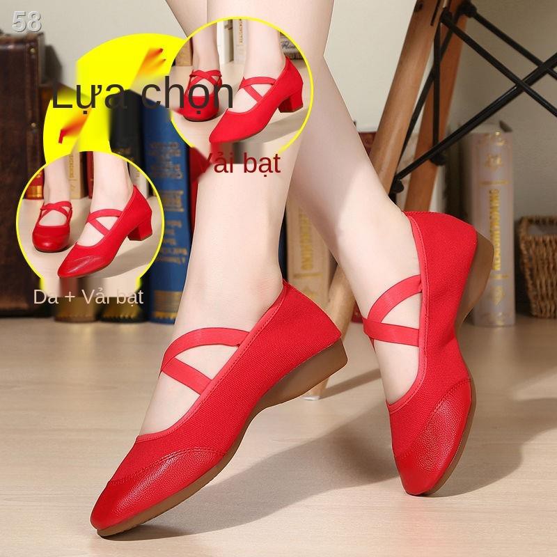 giày khiêu vũ nữ kiểu mới vải người lớn bốn mùa màu đỏ đế mềm thấpL