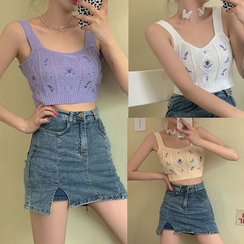 Áo Croptop Dệt Kim Không Tay Cổ Vuông Thêu Hoa Dáng Ôm Gợi Cảm Cho Nữ