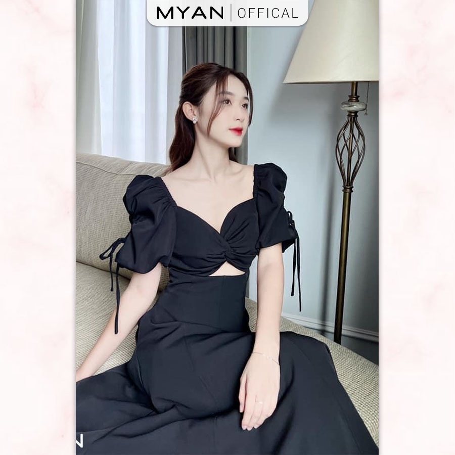 Váy Dự Tiệc Dáng Dài MYAN Thiết Kế Xoắn Ngực Cut-Out Eo Thân, Tay Bồng Màu Trơn (Đen, Trắng, Nâu) VVN092201