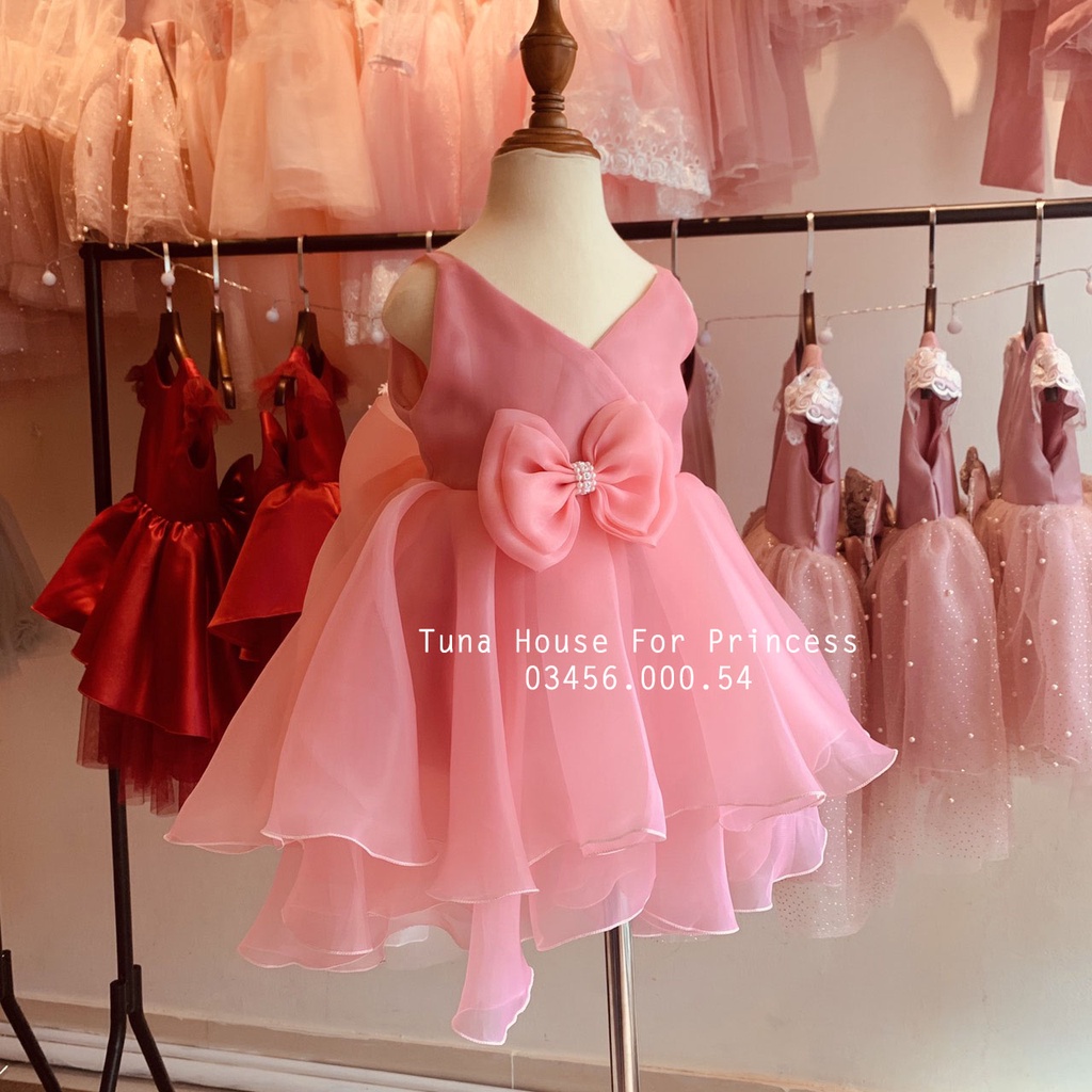 Váy đầm xoè công chúa mặc thôi nôi đầy tháng cho bé gái 2 dây ngực chéo hồng - Tuna House For Princess