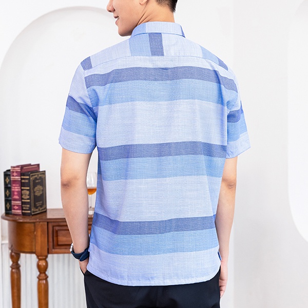 Áo Sơ Mi Nam Công Sở Trung Niên Thương Hiệu Anton Xanh Dương Kẻ Caro Ngắn Tay Vải Sợi Tre - GD566