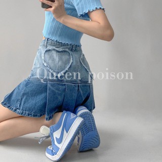 Chân váy jean lưng cao dáng chữ A kiểu xếp ly phong cách retro