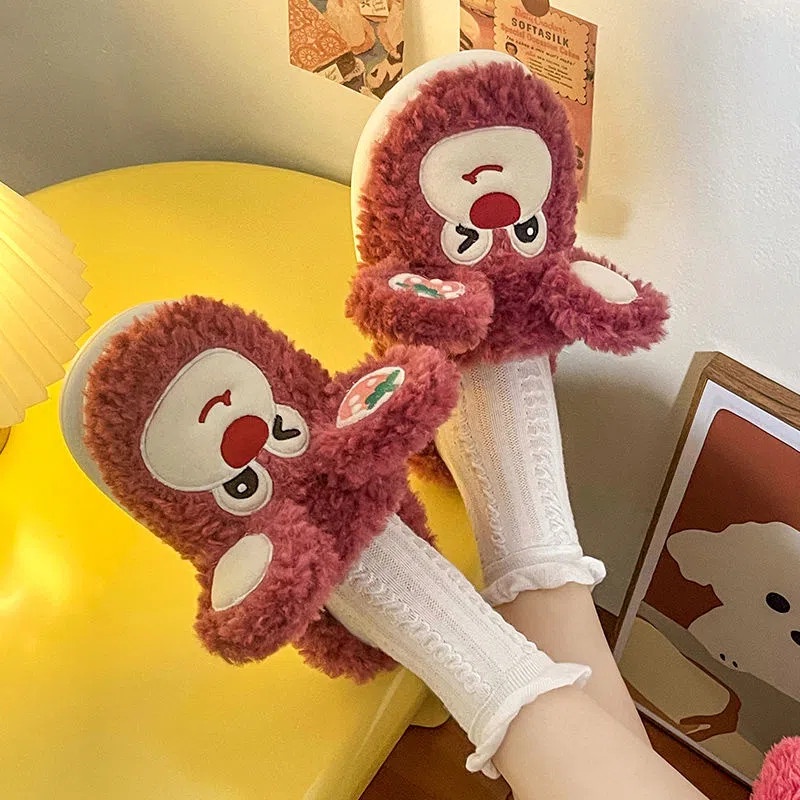 Dép cotton RENBEN đi trong nhà đế mềm chống trượt phối lông nhung họa tiết gấu dâu tây dễ thương cho nữ