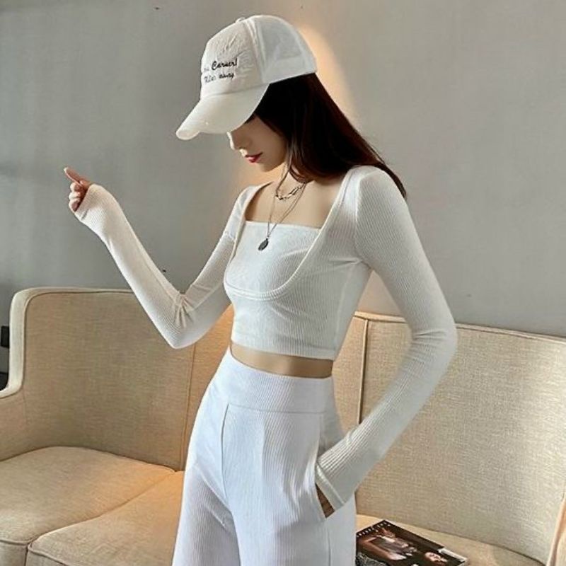 Áo cổ vuông croptop thun Gân phối kiểu A15